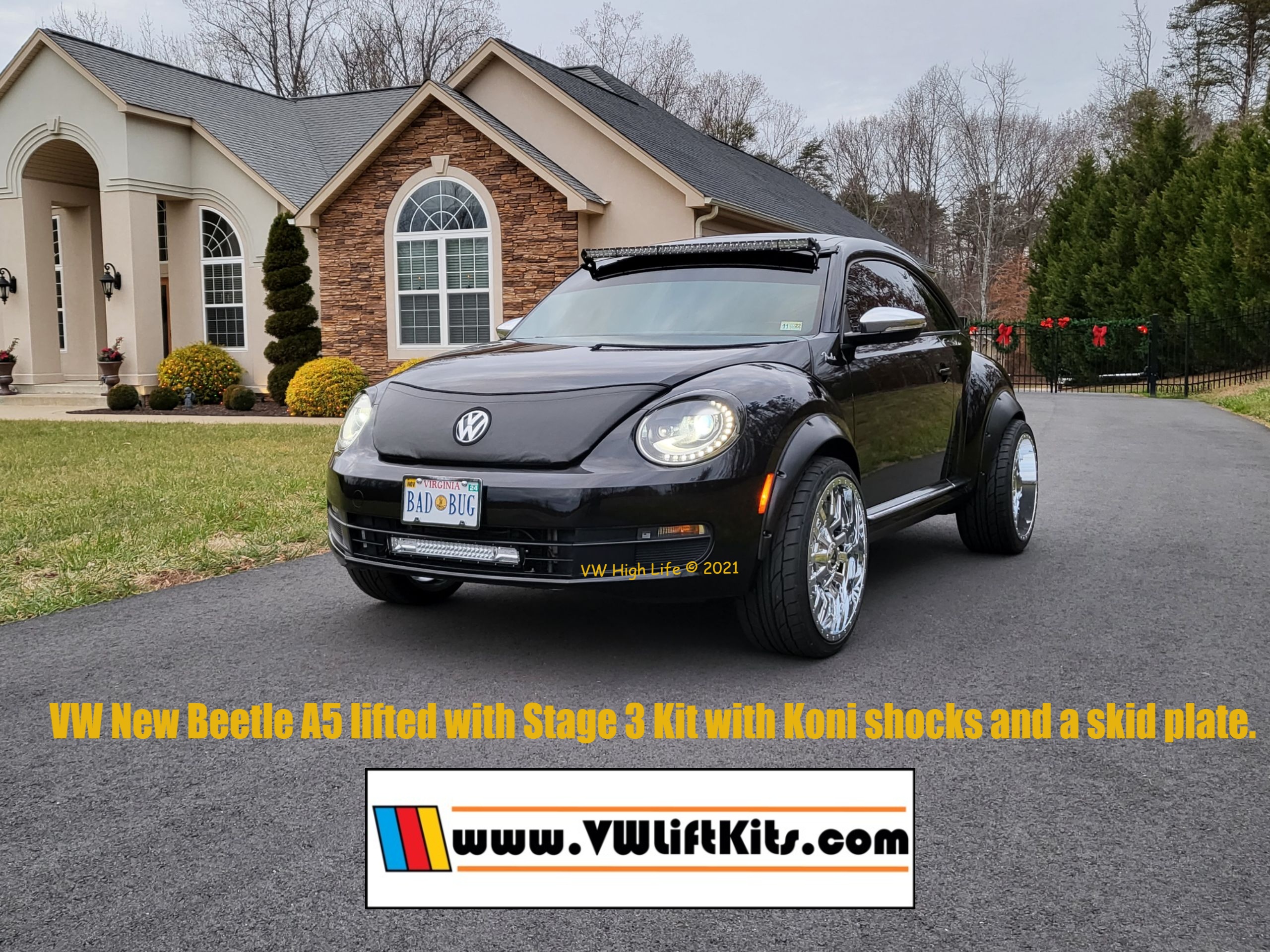 Joey properly raised his Beetle using a Stage 3 Lift Kit with Koni Shocks. Also added a Skid Plate.